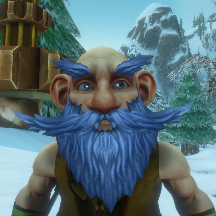 Nux Flux, a gnome with a big blue beard, in the snow