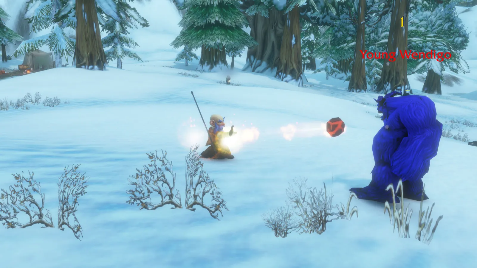 Nux Flux hurling a fireball at a hulking blue Young Wendigo in the snow
