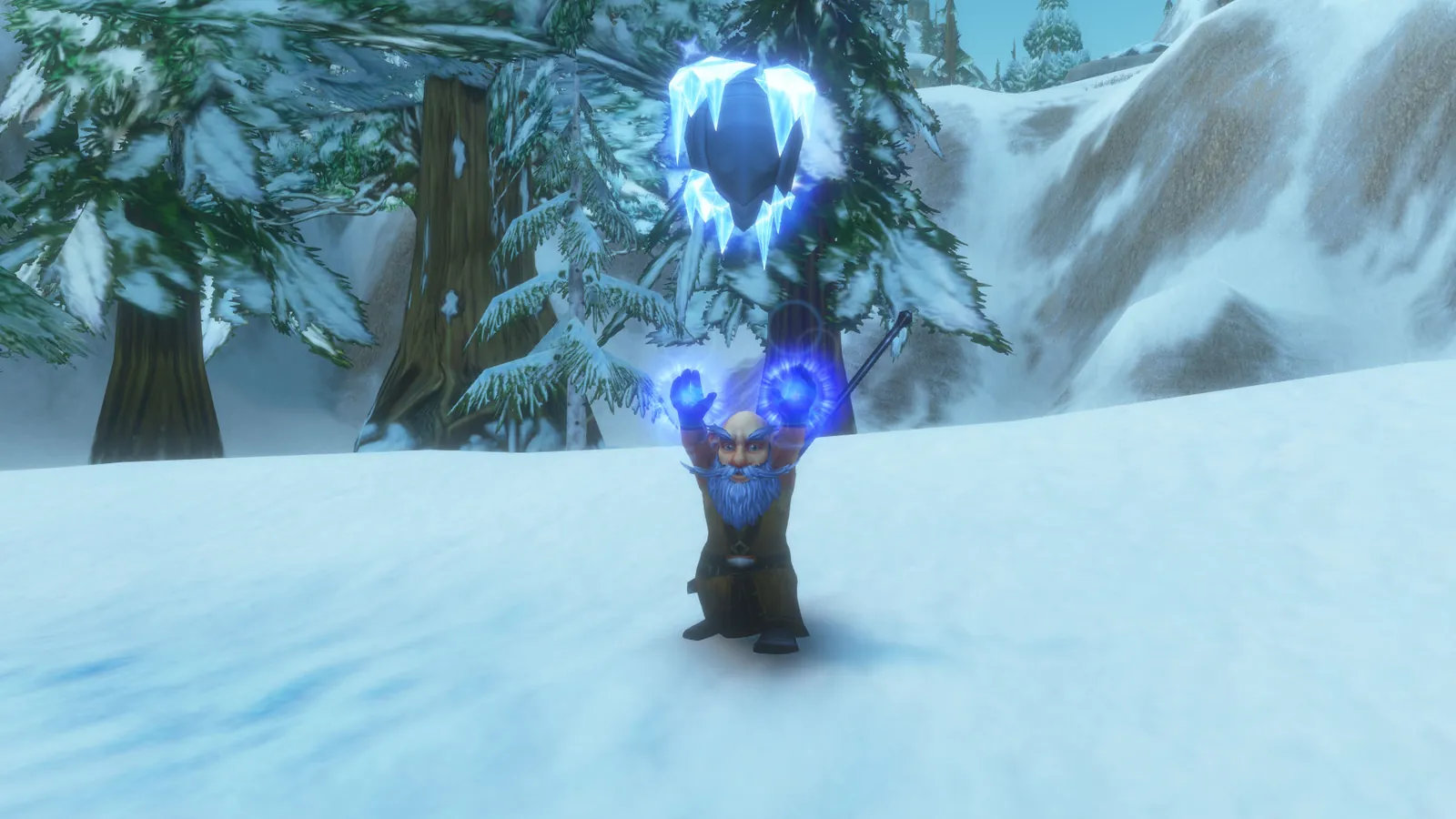 Nux Flux with both hands raised and glowing blue, a shard of conjured ice hanging in the air above him
