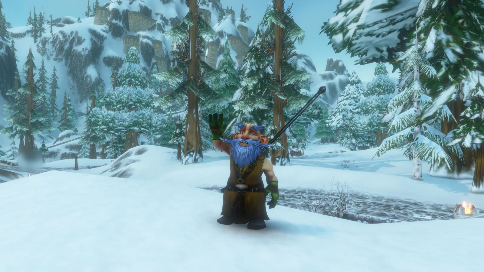 Nux Flux waving in a snowy forest clearing